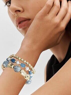 Boho Beaded Stretch Bracelets Y2K Friendship Bracelet Denim Blue and Gold